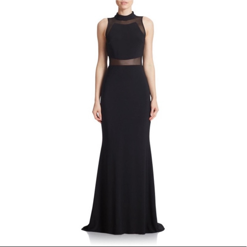 Betsy & Adam black mock neck mesh illusion gown